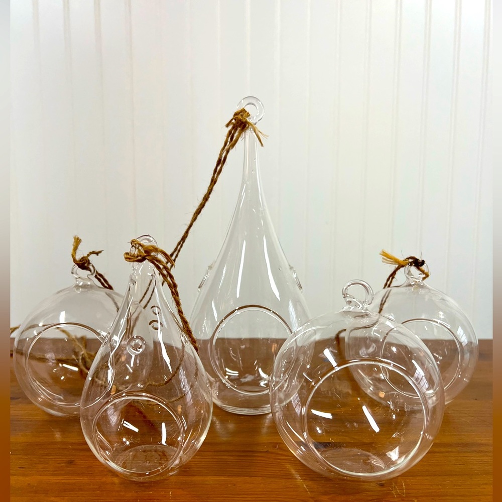Set of 5 Glass Hanging Terrariums Clear. 3 round and 2 teardrop shaped.